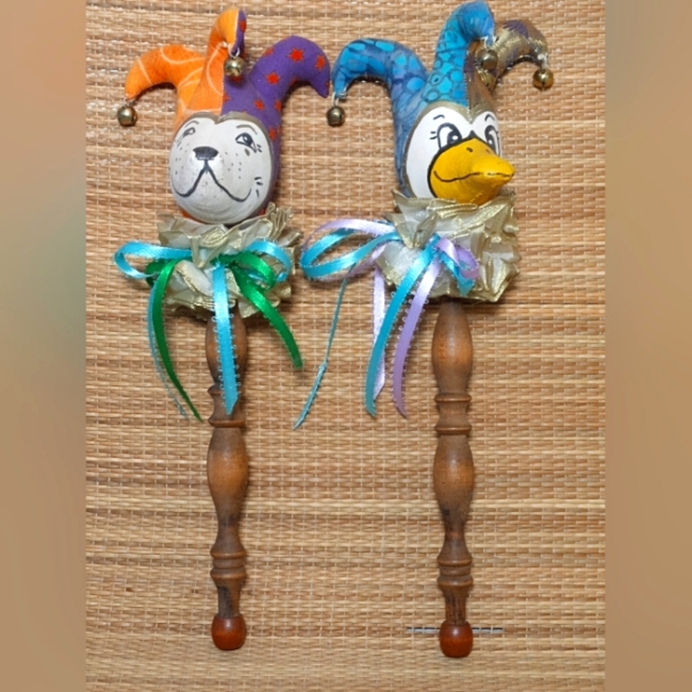 Pair of Renaissance Victorian style baby rattle toys vintage VTG duck dog jester